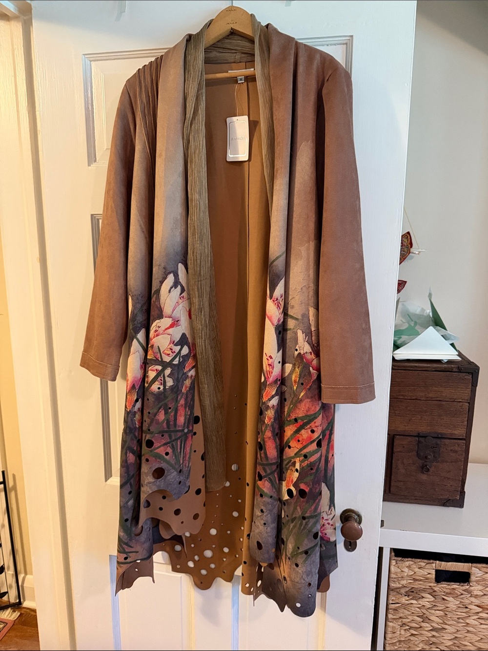 Long Floral Ombre Duster Cardigan in Taupe and Pink